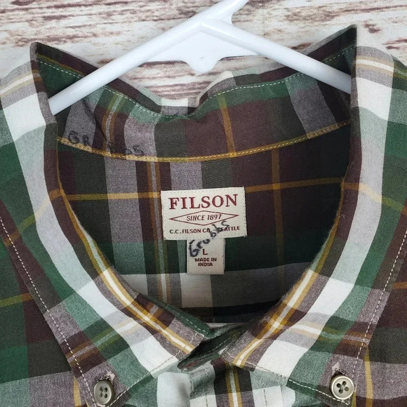 Filson Mens Large Sutter Sport Brown/Green Plaid Long Sleeve Button Down Shirt - Picture 6 of 11